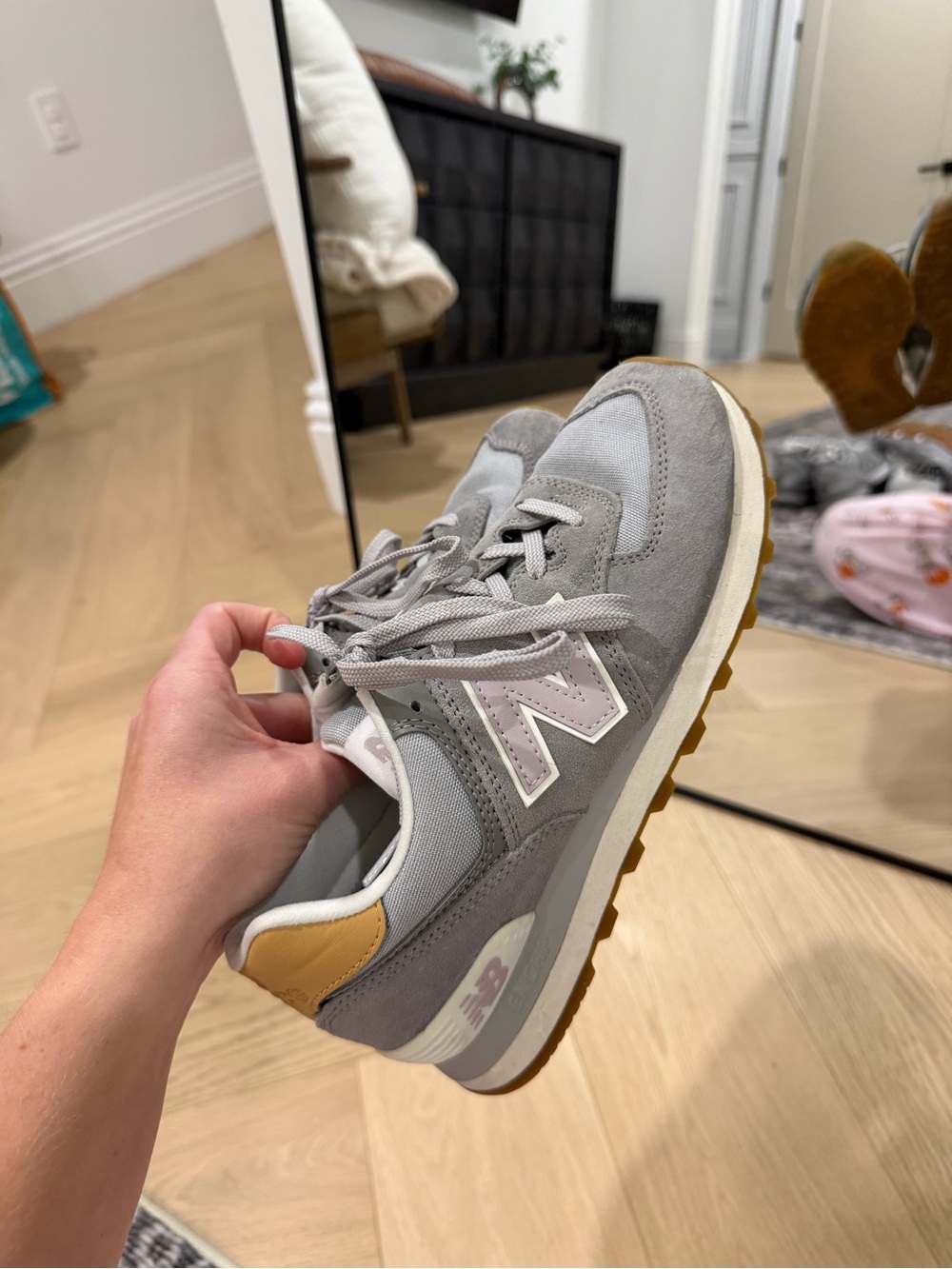 New Balance Women's Grey Suede Sneaker with Tan Heel - Picture 6 of 8